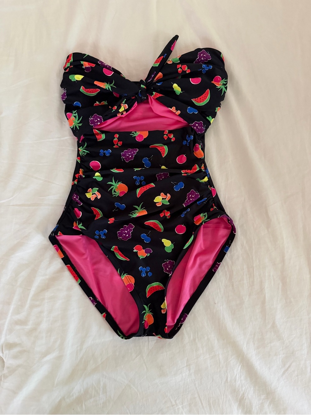 kate spade Black Bandeau size SMALL One-Piece Swimsuit with Bright Fruit Print